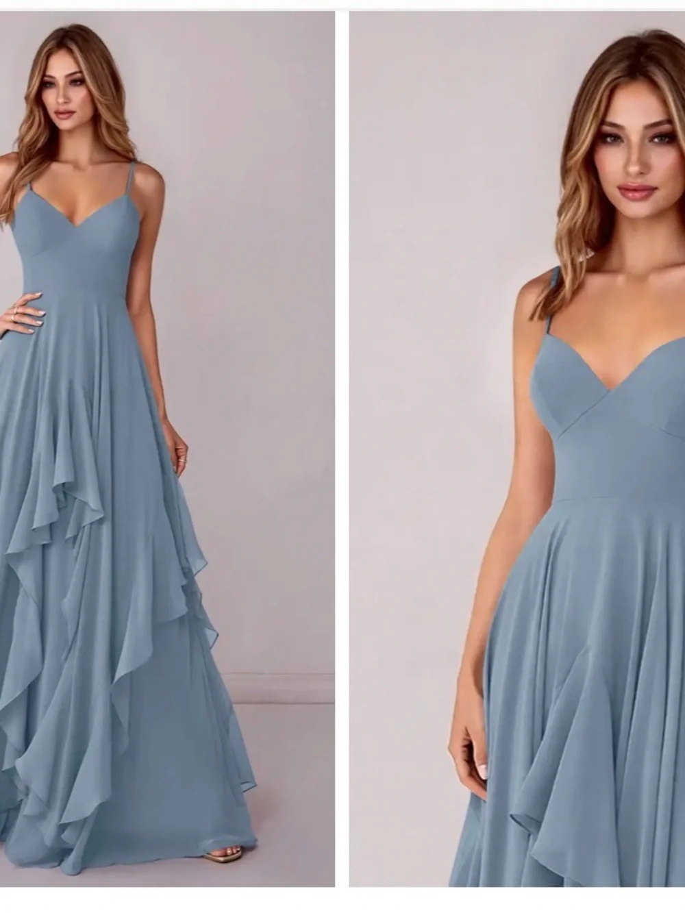 Azazie Zania Elegant Dusty Blue Spaghetti-Strap Evening Dress